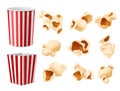 Realistic popcorn. Food packaging, corn flakes paper box and bucket, large cup, fluffy corns different angles view