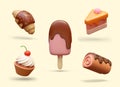 Realistic popsicle with topping, cupcake with cherry, croissant, piece of cake, Swiss roll