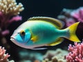 Realistic portrait of beautiful fish green chromis on coral reef