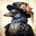Realistic Portrait Of A Blue Raven In Renaissance-style Top Hat