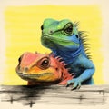 Realistic Portrait Drawings Of Colorful Lizards On A Fence