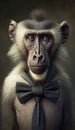 Realistic Portrait Illustration Art Showcasing Cute Baboon wearing bow tie (Generative AI)