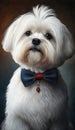 Realistic Portrait Illustration Art Showcasing Cute Maltese wearing bow tie (Generative AI)