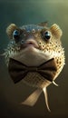 Realistic Portrait Illustration Art Showcasing Cute pufferfish wearing bow tie (Generative AI)