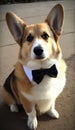 Realistic Portrait Illustration Art Showcasing Cute Welsh Corgi wearing bow tie (Generative AI)