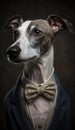 Realistic Portrait Illustration Art Showcasing Cute Whippet wearing bow tie (Generative AI)