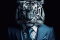 Realistic portrait of a Tiger in a classic blue suit and glasses. Illustration of Generative AI. The bodyguard. Mafia.