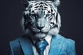 Realistic portrait of a Tiger in a classic blue suit and glasses. Illustration of Generative AI. The bodyguard. Mafia.