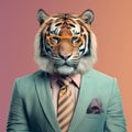 Realistic Portrait Of A Tiger Wearing A Green Suit And Glasses