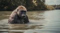 Realistic Portraits: A Stunning Gorilla Swimming In The River