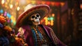 Realistic portrayal of a Day of the Dead skeleton wearing a sombrero and draped in a serape, with a background of colorful