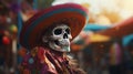 Realistic portrayal of a Day of the Dead skeleton wearing a sombrero and draped in a serape, with a background of colorful