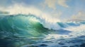 Realistic Portrayal Of Large Blue Tipped Wave: California Impressionism Artwork