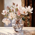 Realistic Portrayal Of Light And Shadow: White Flowers In A Vase