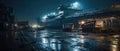 Realistic post apocalypse giganti warship at night panorama art