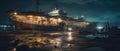 Realistic post apocalypse gigantic warship at night panorama