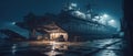 Realistic post apocalypse gigantic warship at night panorama