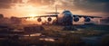 Realistic Post Apocalypse Landscape illustration - abandoned cargo plane Antonov an sunrise airfield