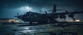 Realistic Post Apocalypse Landscape illustration - abandoned plane an night airfield