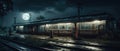 Realistic Post Apocalypse Landscape illustration - abandoned railroad station, fullmoon