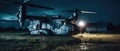 Realistic Post Apocalypse Landscape illustration - abandoned tiltrotor osprey an night airfield