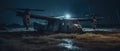 Realistic Post Apocalypse Landscape illustration - abandoned tiltrotor osprey an night airfield