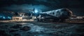 Realistic Post Apocalypse Landscape illustration - abandoned war plane an night airfield