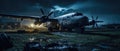 Realistic Post Apocalypse Landscape illustration - abandoned war plane an night airfield, greeny