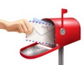 Realistic post mailbox letter hand composition with images of human hand envelopes and classic mail box vector illustration Royalty Free Stock Photo