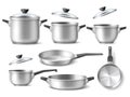 Realistic pots and pans. Shiny metal cookwares, 3d isolated utensils, glass lids, silver cooking saucepan, kitchen objects