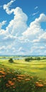Realistic Prairie Landscape With Green Valley And Big Clouds