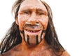 Realistic prehistoric early man neanderthal reproduction portrait closeup