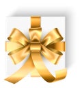 Realistic present top view. White giftbox tied with golden ribbon