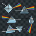 Realistic prism set. Light dispersion, rainbow spectrum and optical effects. Pyramid prisms and drop reflecting