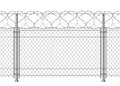 Realistic prison wall, chain fence with barb wire. 3d metal boundary security mesh with barbwire. War barrier Royalty Free Stock Photo