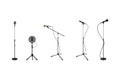 Realistic professional microphones, studio mic. Handle wire, karaoke music, metal for speech or concert. Sound