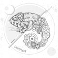 Realistic and punk style chameleon illustration. Chameleon silhouette with gears.