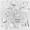 Realistic pure and transparent water drops set with shadow on gray background. Vector illustration Royalty Free Stock Photo