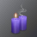 Realistic purple candles, Burning candles and extinguished candles on dark background, vector illustration Royalty Free Stock Photo