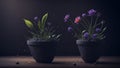 Realistic purple flower pot plant on wooden table with dark background Generative AI Royalty Free Stock Photo