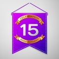 Realistic Purple pennant with inscription Fifteen Years Anniversary Celebration Design on grey background. Golden ribbon