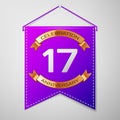 Realistic Purple pennant with inscription Seventeen Years Anniversary Celebration Design on grey background. Golden