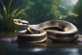 a realistic python gracefully positioned along the water\'s edge generated by Ai