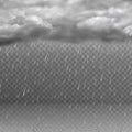 Realistic rain cloud. Dark stormy sky, falling water drops, clouds and ripples in puddles. Rainy weather effect isolated