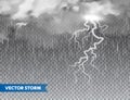 Realistic rain with clouds and lightning on transparent background. Thunderstorm, stormy weather effect. Rainfall, water