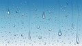 Realistic rain drops on window glass, steam shower condensation. Raining water droplets, clear raindrops on transparent vector Royalty Free Stock Photo