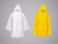 Realistic raincoat. Yellow and transparent plastic rain coat, fashion poncho cloak with hood for wet protection in