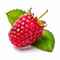 Realistic Raspberry Fruit With Green Leaves On White Background