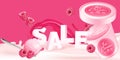 Realistic raspberry ice cream sale banner. Vector illustration of a refreshing summer dessert in a pink bucket. Sweet and tempting