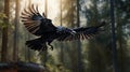 Realistic Raven Flying Through Forest - Vray Photorealistic Rendering Royalty Free Stock Photo